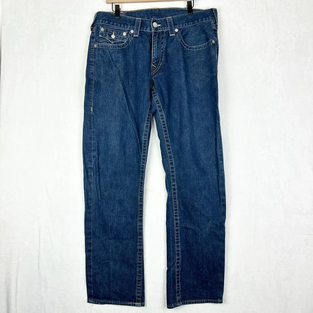 True Religion Billy Bootcut Jeans Size 36x33 Flap Pockets Big T Cotton USA Made